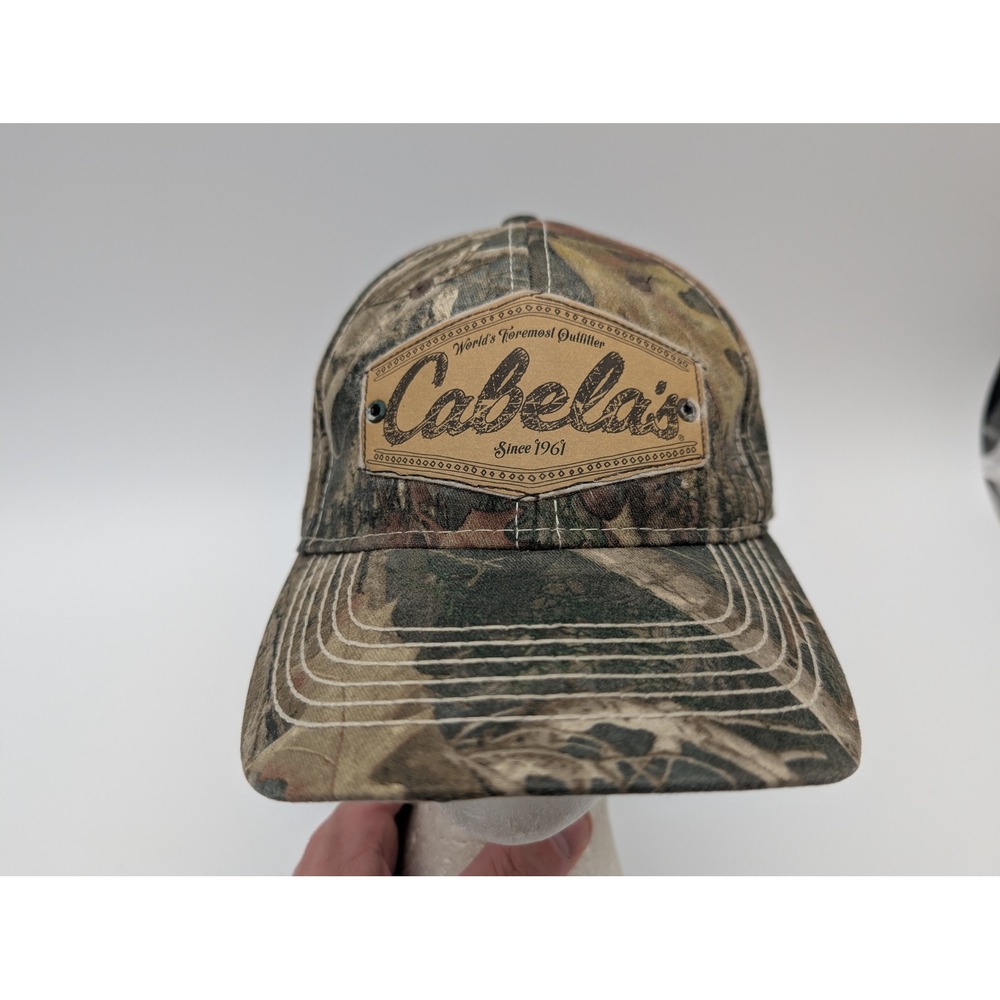 Cabelas Camo Snapback Hat Leather Patch Adjustable Baseball Cap OSFM RN56835